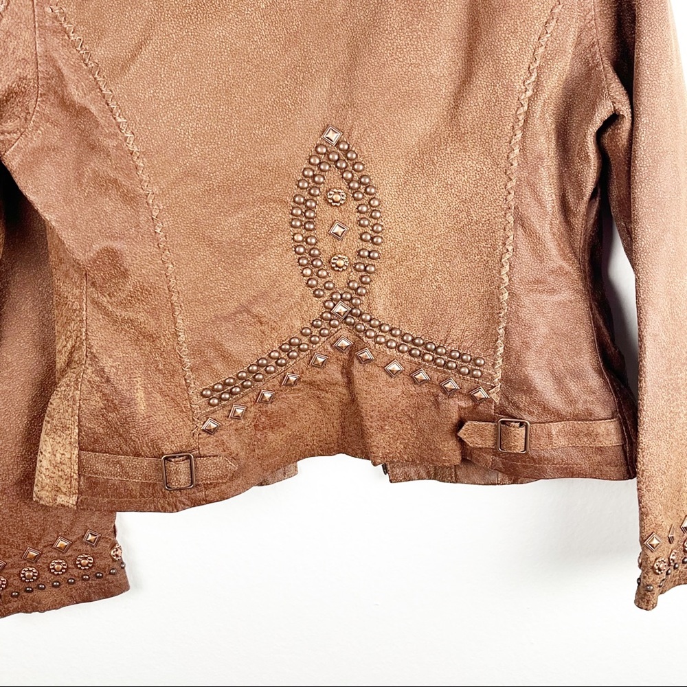 CRIPPLE CREEK Brown 100% Genuine Leather Studded Zip Pockets Jacket Size Medium - Picture 10 of 10